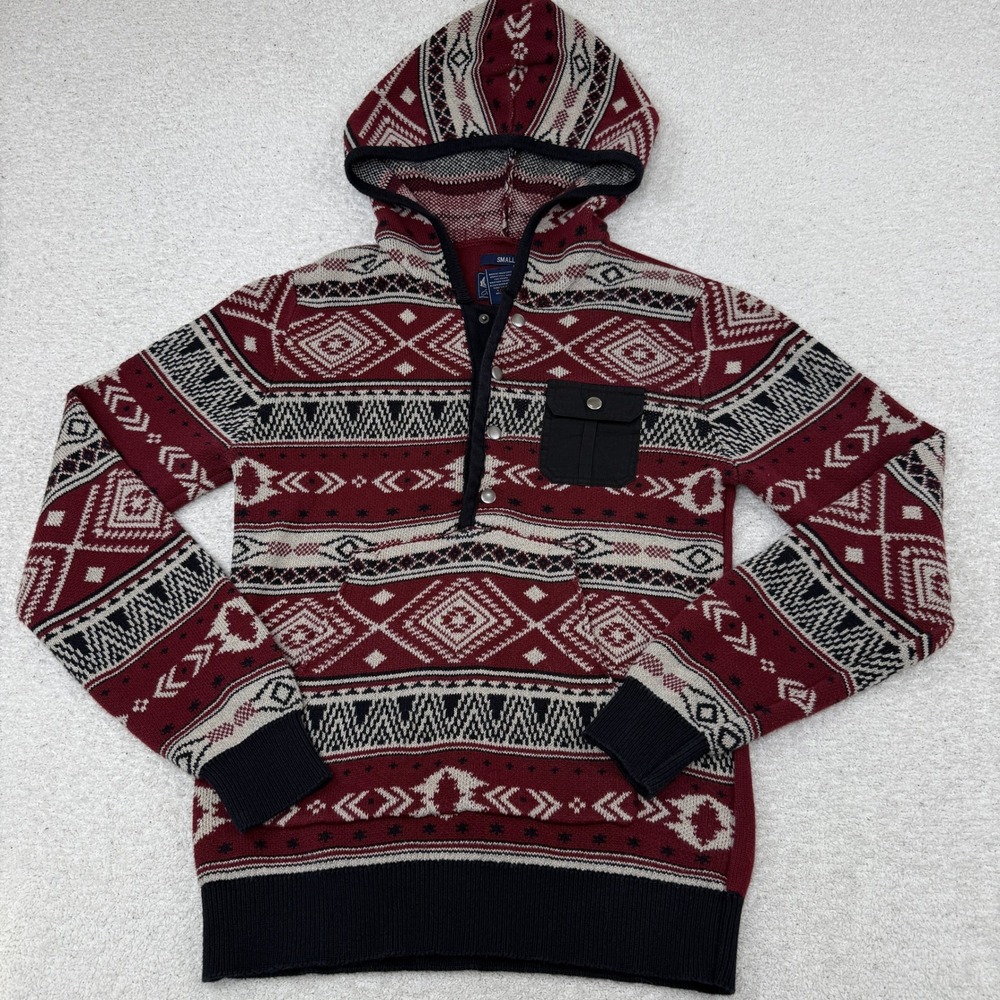 American Rag Mens Small‎ Aztec Burgundy Tribal Geometric Knit Hooded Sweater
